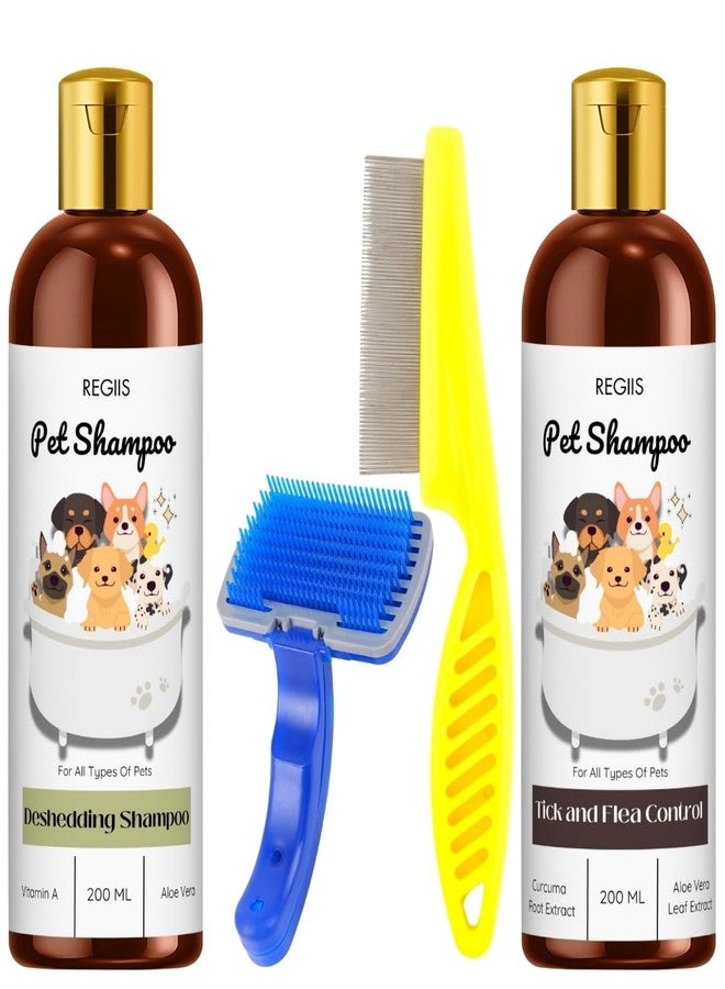 REGIIS Regis Pet Shampoo Set with Deshedding and Tick Control Formula, 200ml Each, with Blue Grooming Brush and Flea Comb(Pack of 4) - Image 1